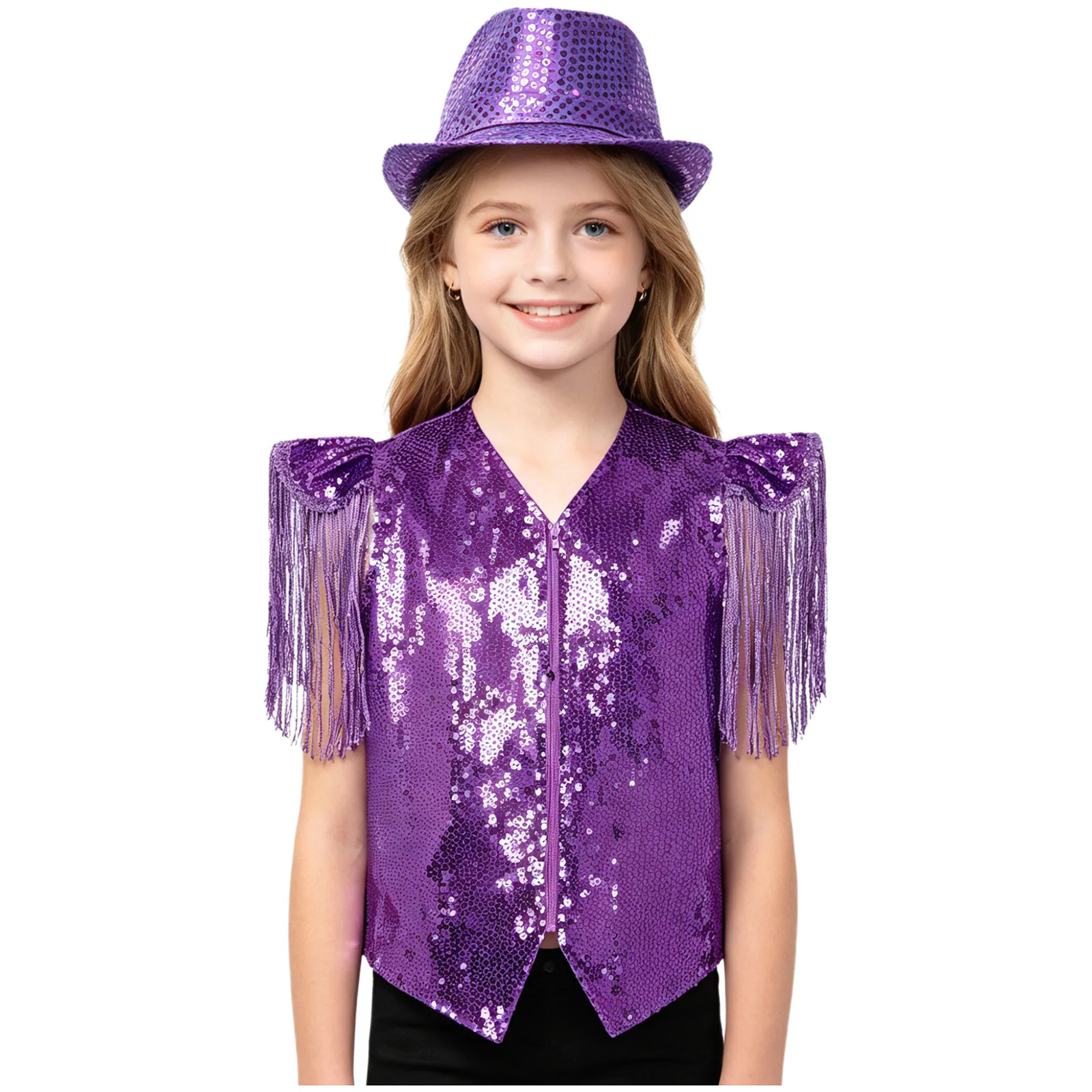 Kids Boys Girls Metallic Shiny Jazz Hip Hop Dance Outfit Cap Sleeves Tassel Sequins Waistcoats with Hat for 70s Disco Rave Party