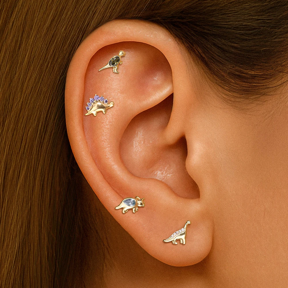 CANNER 1PC 925 Sterling Silver Funny Colored Dinosaur Piercing Ear Bone Nail For Women Blue Geometric Zircon Aretes Para Mujer