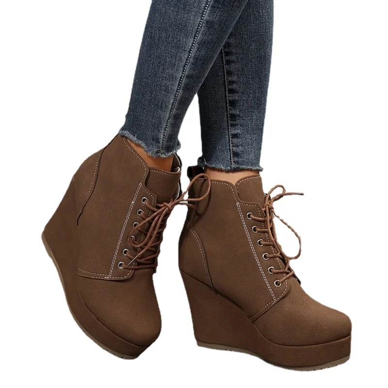 Roman Ladies Shoes 2023 Retro Lace Up Women\'s Boots Comfortable Wedge Platform Boots High Quality Winter Warm Brown Modern Boots