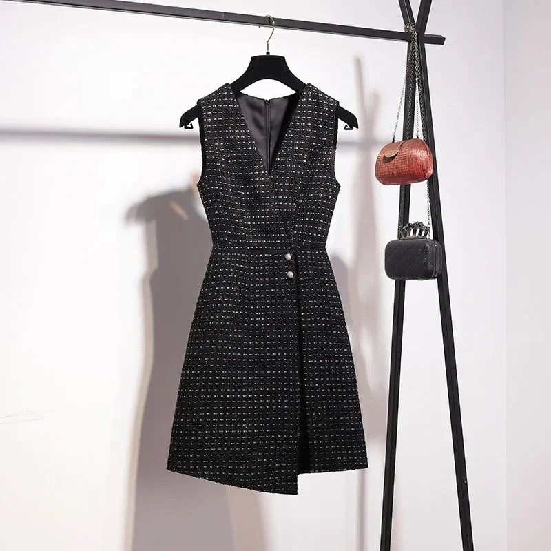 Elegant Tweed Women Sleeveless V Neck Dress Slim A Line Little Black Dress For Autumn Winter