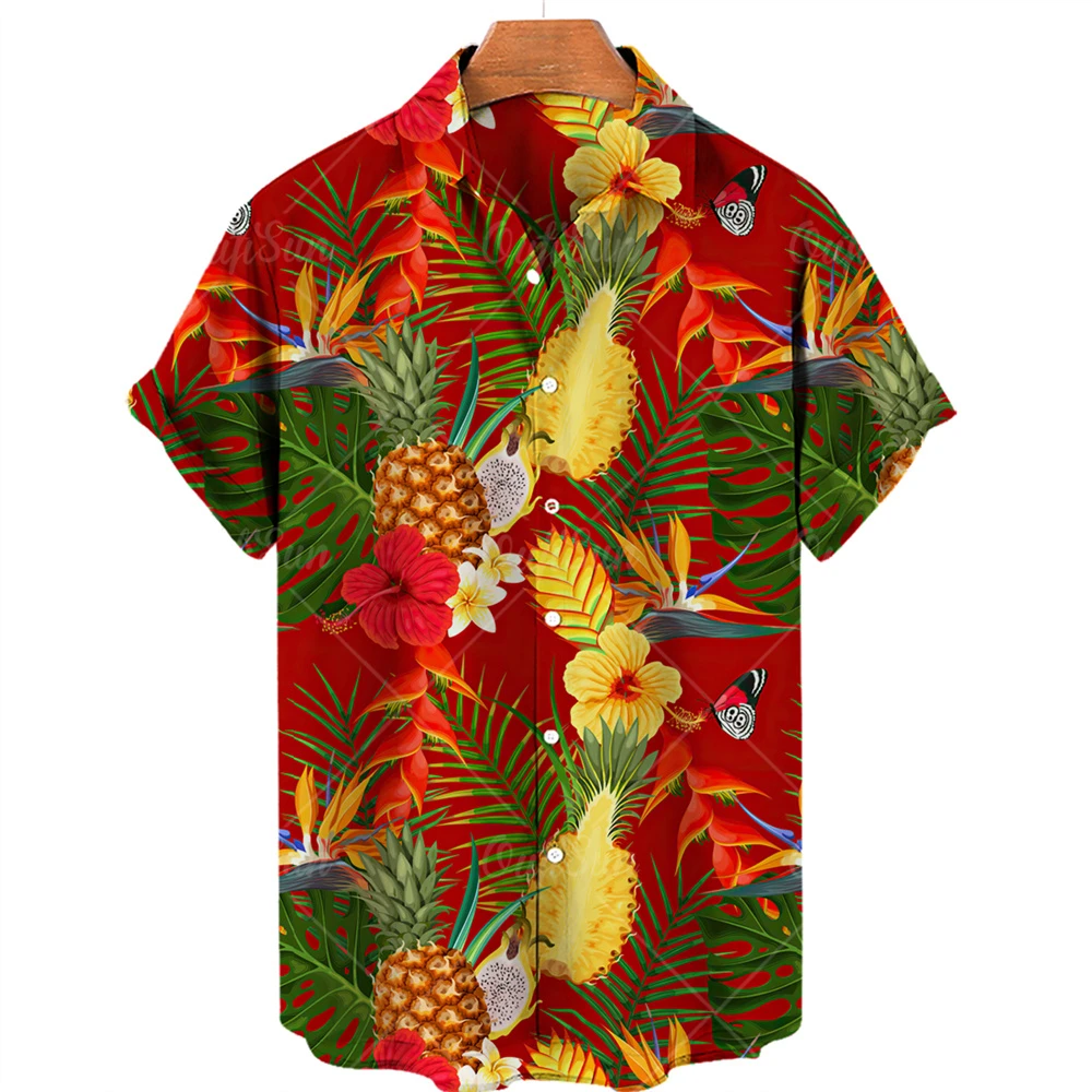 Camisas hawaianas de manga corta con estampado de frutas para hombre, Tops con patrón de piña, ropa informal de moda, camisa suelta de verano