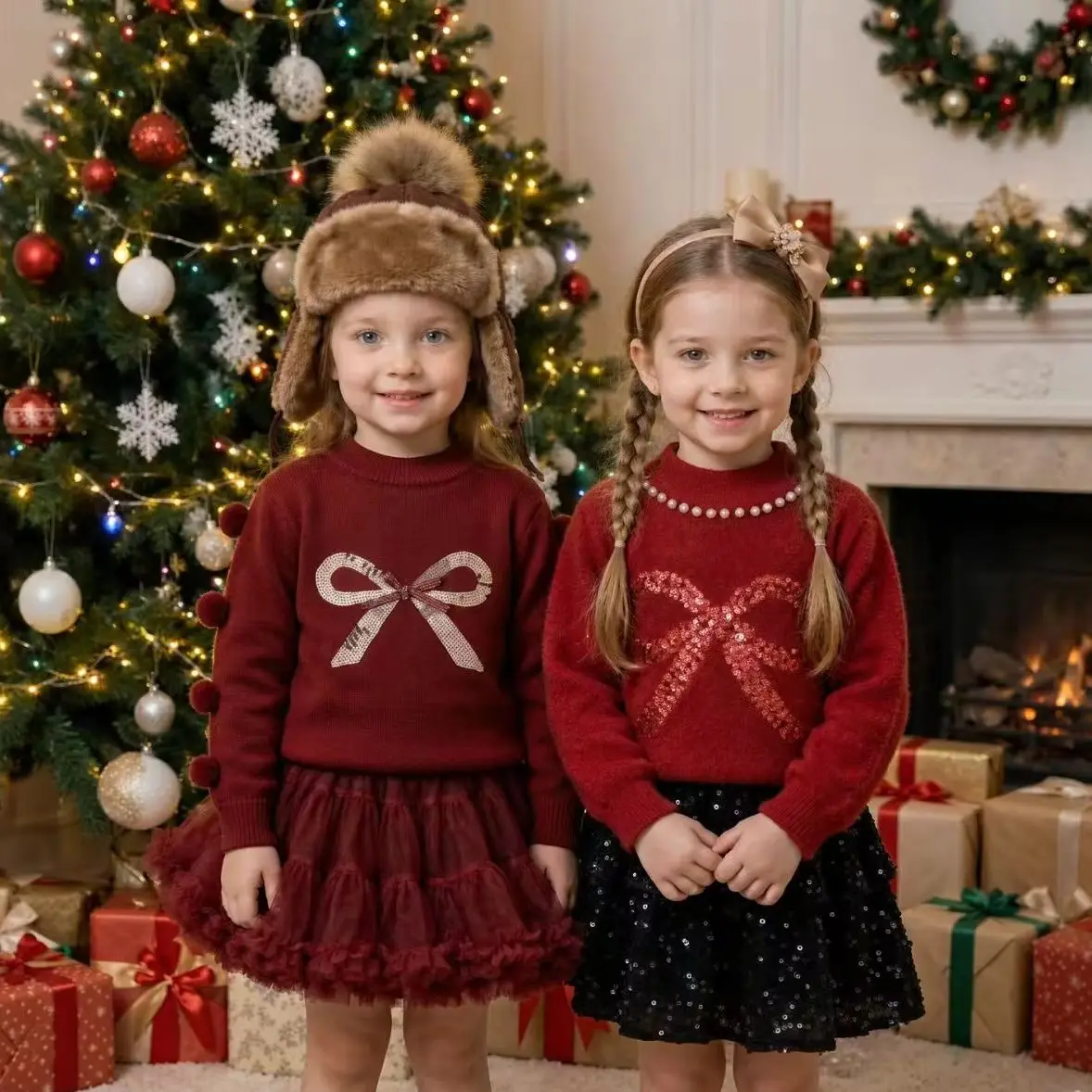 Sweater Red New Year Fashion Korean Long Sleeve Bows Knitting Cardigan Coat Delicate Princess Go out Christmas Cute Sweater+Shin