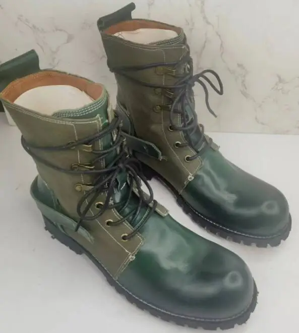 British Army Green Cloth Square Toe Patchwork Boots Man Back Strap Antiskid Sole Lace- Up Hombres Street Fashion Boots Shoes