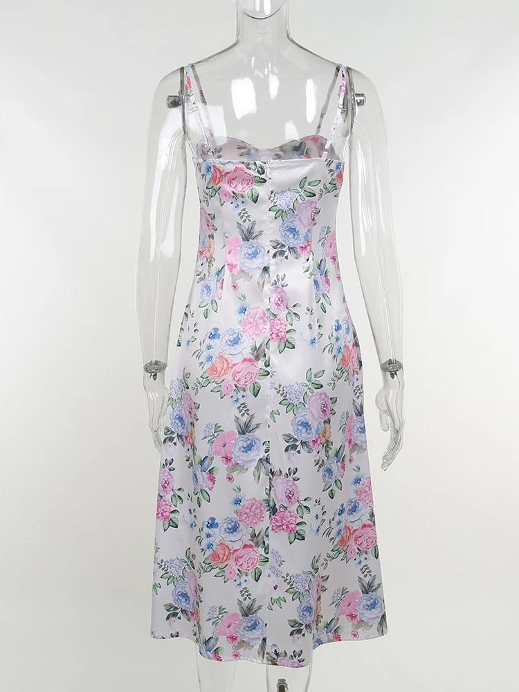 Robe longue à imprimé floral pour femme, style bohème, coupe basse, bretelles spaghetti, dos nu, batterie, vacances, plage, fête, streetwear, été