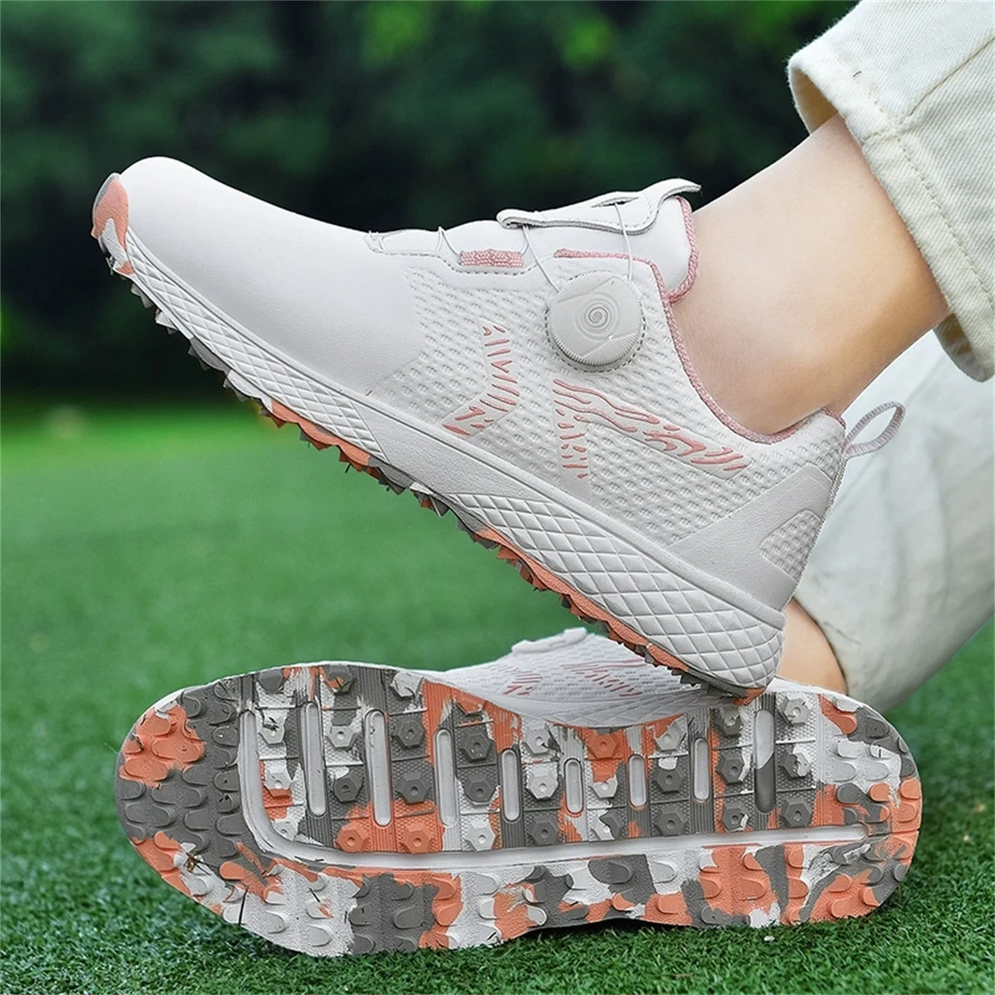 Spring Summer Women's Golf Shoes - Microfiber Leather Fabric, Rotating Buckle Elastic Laces, MD+Rubber Outsole Anti-slip Grip