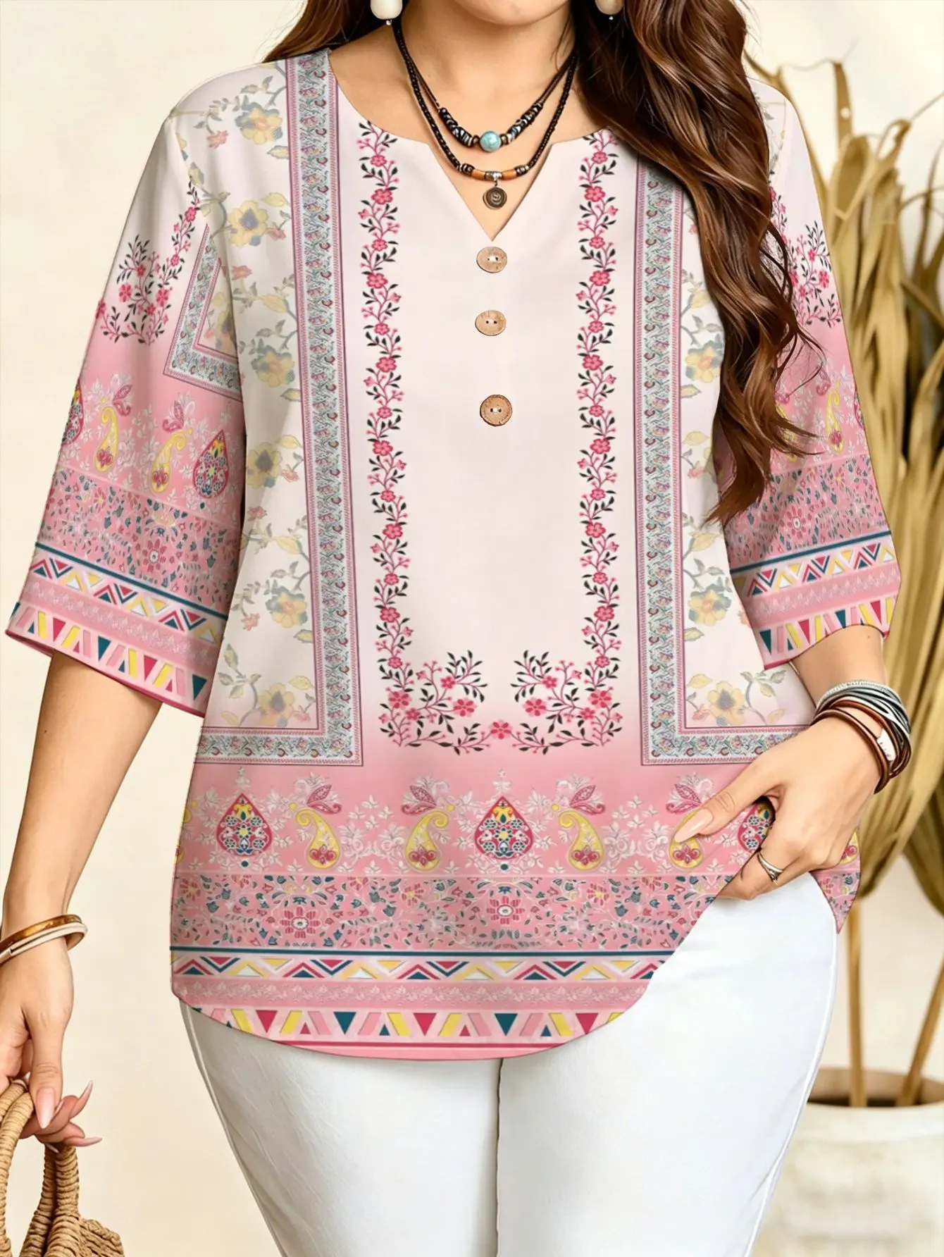 Women Notch V Neck 3/4 Sleeve Blouse Ethnic Tribal Paisley Floral Geometric Print Holiday Daily Casual Loose Top