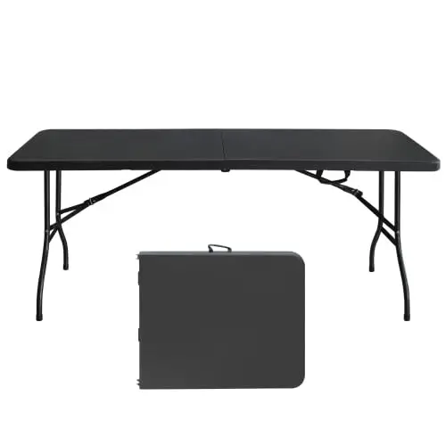 Image of 6 Fuß langer, robuster, zusammenklappbarer Kunststofftisch, tragbares, halb zusammenklappbares Design mit stabilen Eisenbeinen und Tragegriff, vielseitiger rechteckiger Tisch für den Innen- und