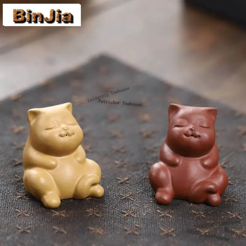 Cute Cat Purple Clay Tea Pet Handamde Fortune Cat Tea Figurine Toys Tea Ceremony Zisha Tea Statue for Tea Supplies Decoration