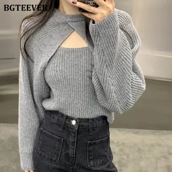 BGTEEVER Stylish O-neck Long Sleeve Pullovers Shawls & Camisole Autumn Winter Fashion Ladies 2 Pieces Knitted Sweaters Set