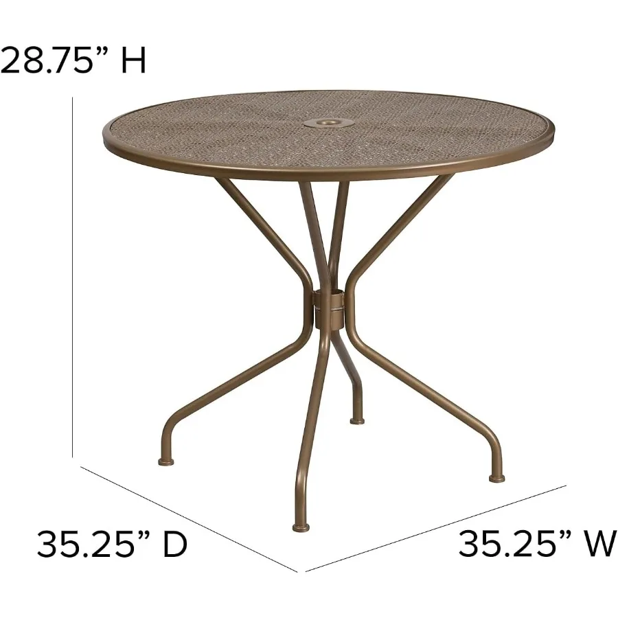 Tavolo da patio rotondo in acciaio per interni ed esterni in oro di grado commerciale 35,25 con foro per ombrellone, perfetto per cene all'aperto, cortili e giardini