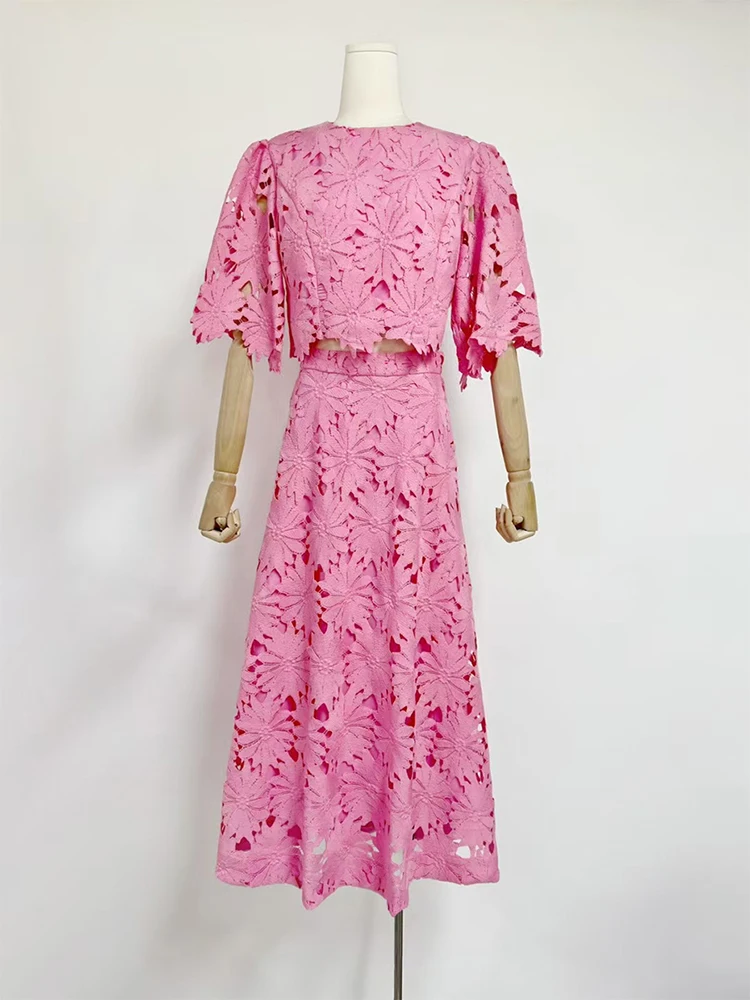 Embroidery Two Piece Set for Women O Neck Batwing Sleeve Top High Waist Hollow Out  A Line Long Skirt Suit Female ensemble femme