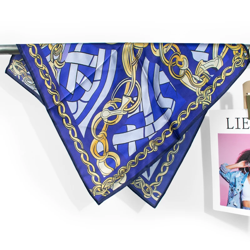 

100% Mulberry Silk Kerchief High-end Golden Chain Royal Blue Print for Headband Wrist Wrap Bag Strap Daily Decoration