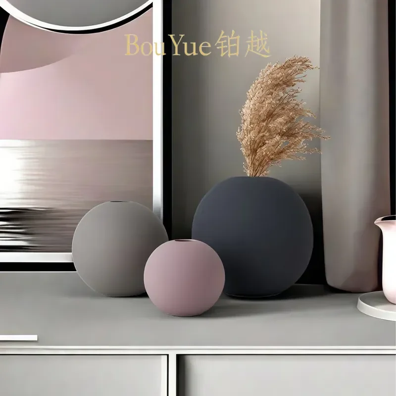 Nordic Minimalist Ceramic Vase Set Morandi Color Round Flower Pot Home Office Desktop Decoration Ornaments Modern Interior