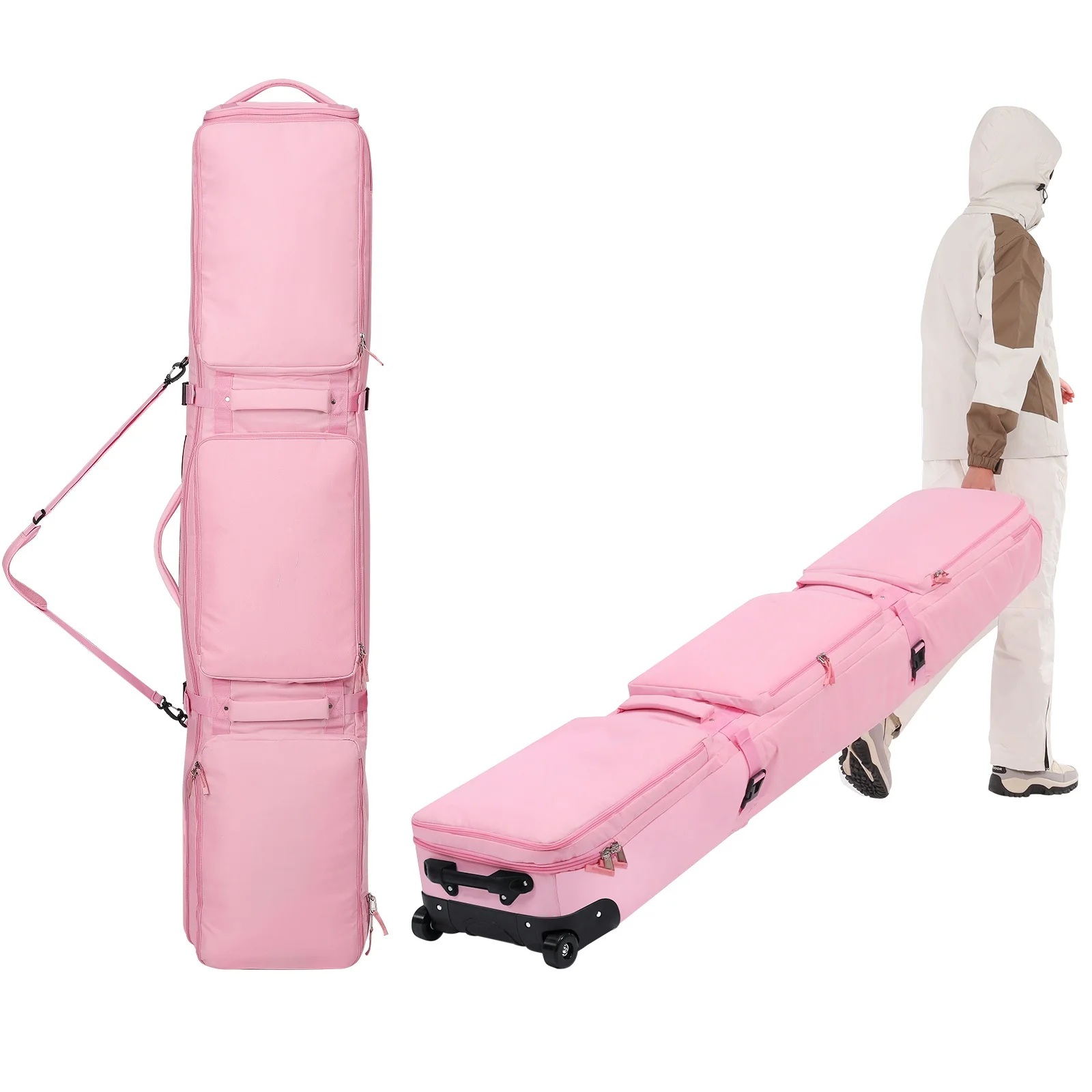 Pink/Black Winter Skiing Bag with Rolling Wheel Padded Polyester Waterproof Bag Adjustable Length 3 Separation Storage Board Bag