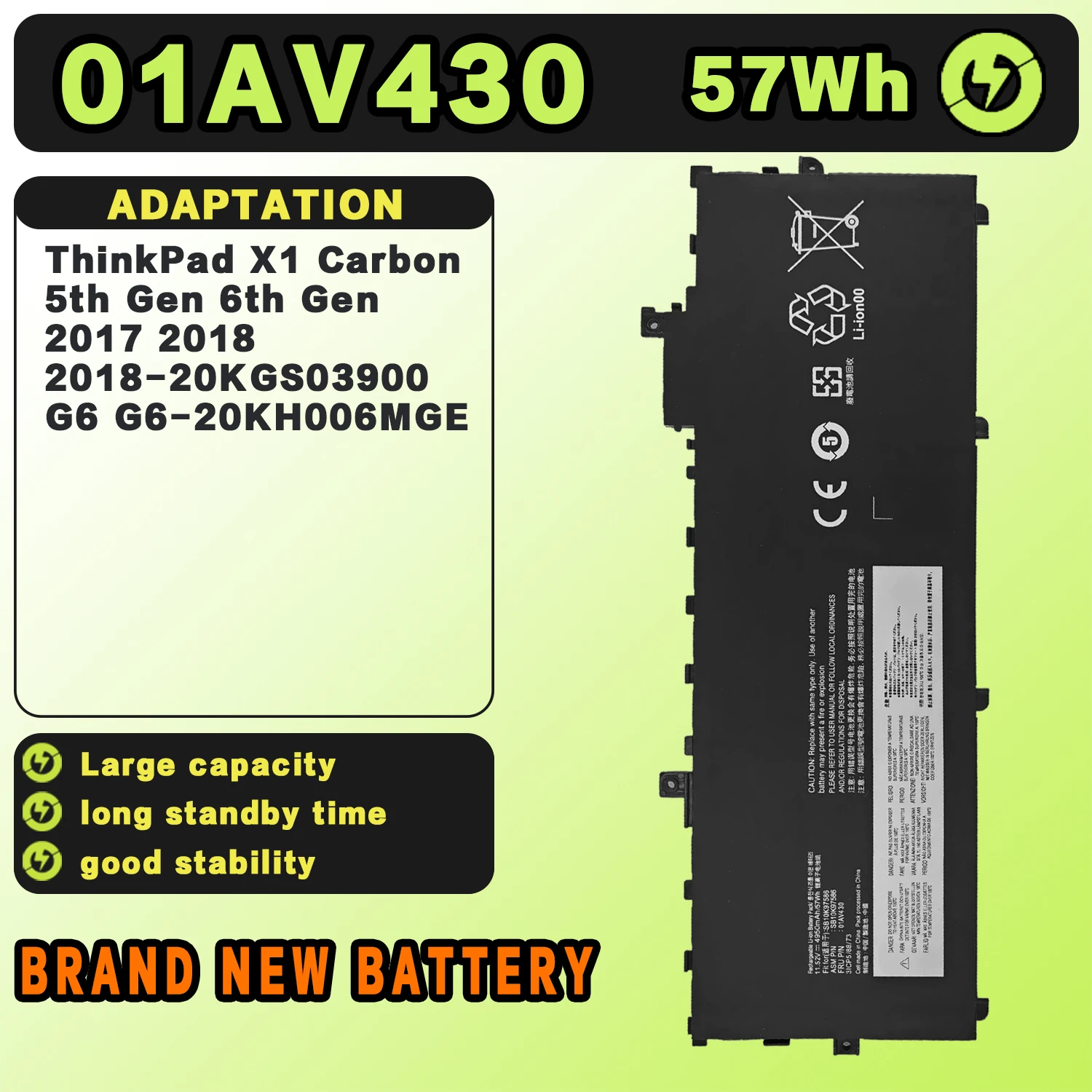 SAT 01AV430 New Laptop Batteries Replacement For LENOVO ThinkPad X1 Carbon 5th 6th 2017 2018 TP00086A SB10K97586 11.52V57Wh