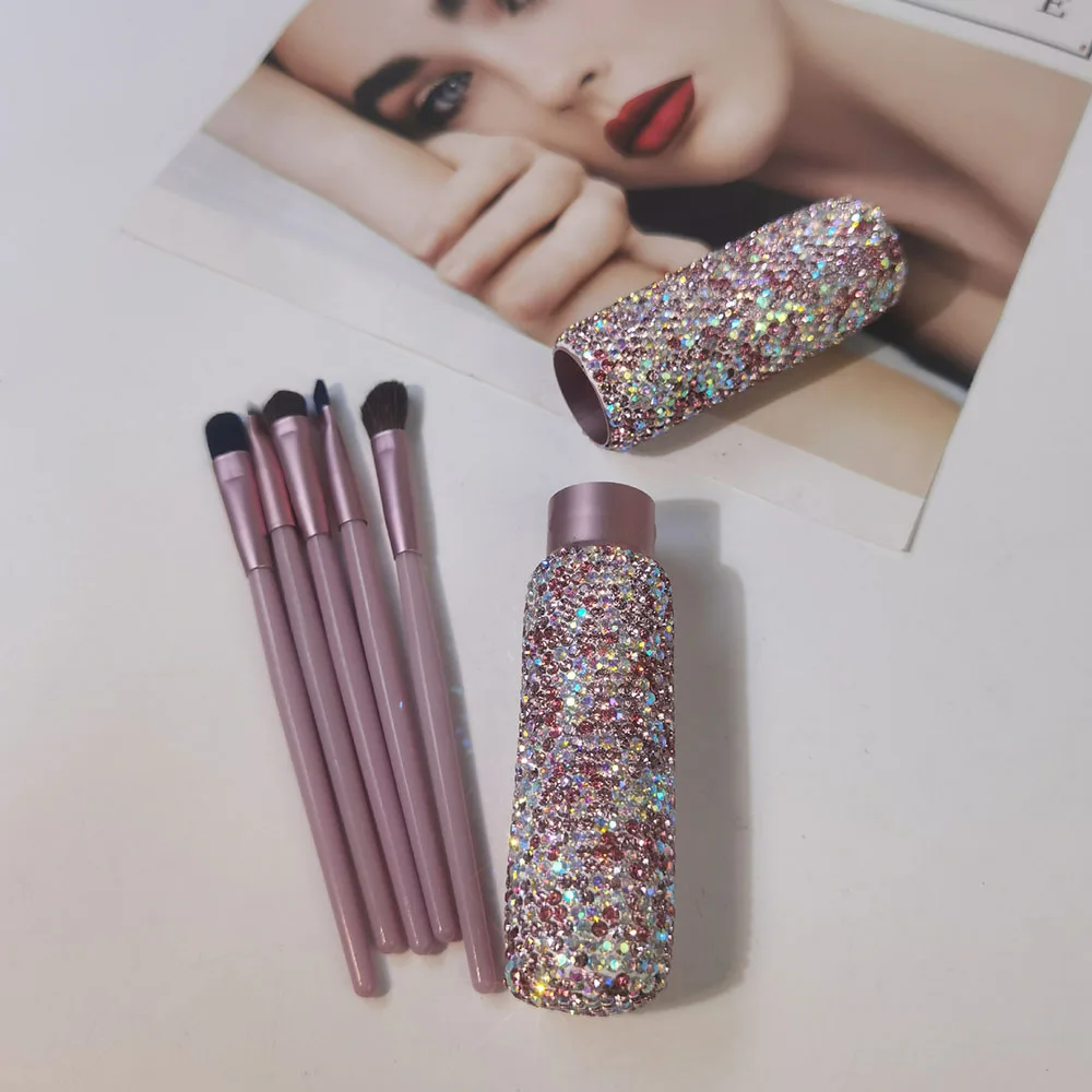 Portable Make Up Brushes with Diamond Case Bling Makeup Brush Holder Lip Brush Nose Shadow Smudge Brush Makeup Tools Set