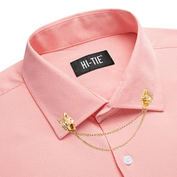 Hi-Tie Mens Shirts Silk Coral Pink Long Sleeve Turndown Collar High Quality Slim Fit Shirt For Men Wedding Business Formal Party