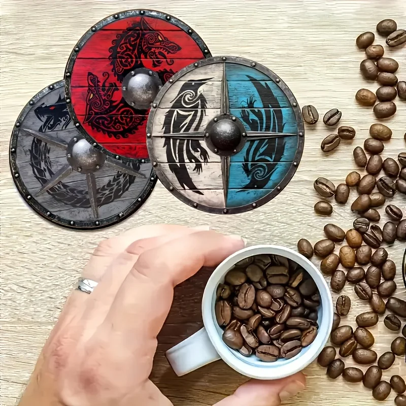 6 Pieces 2D Wooden Coasters Viking Warrior Shield Pattern Theme Desktop Heat Mats Home Decor Coffee Mug Coasters For Office