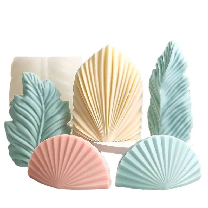 Large 3D Leaf Coral Shell Fan Silicone Candle Mold Geometric Striped Wavy Gypsum Resin Handmade Soap Mould Aromatherapy Ornament