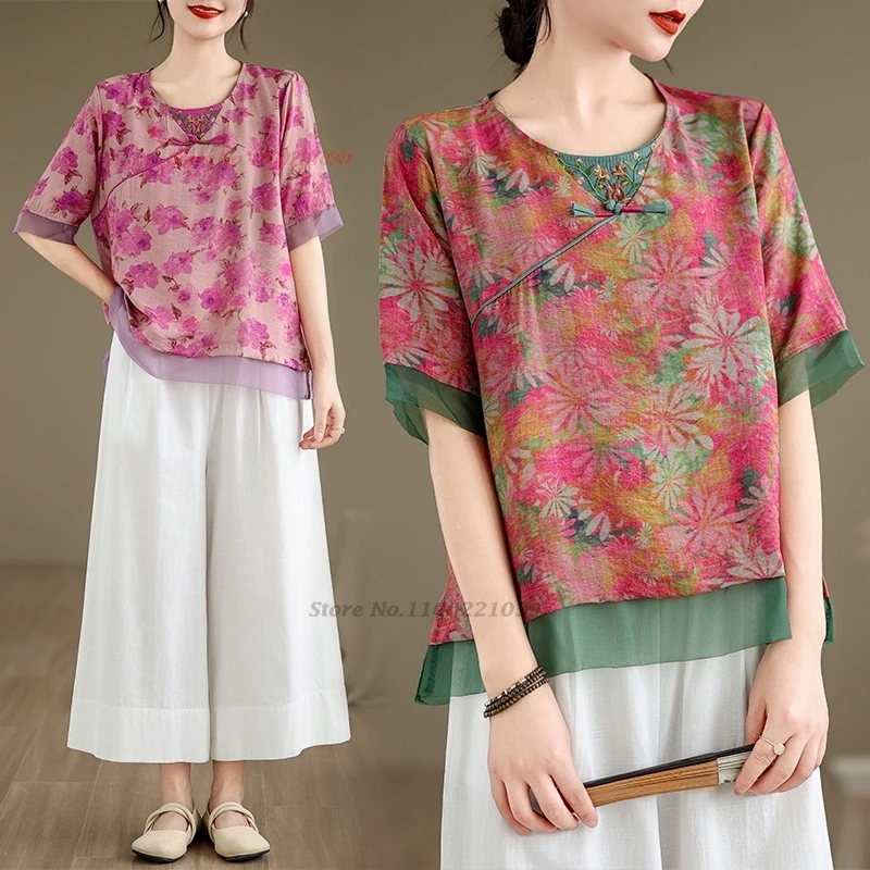 

2024 chinese vintage blouse national flower print embroidery improved hanfu tops traditional o-neck folk blouse retro streetwear