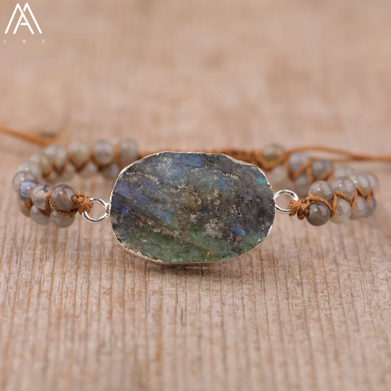 Luxury Women Labradorite Stone Braided Bracelet Natural Aquamrtine Crystals Handmade Bracelet Boho Teengirl Jewelry Gift Bijoux