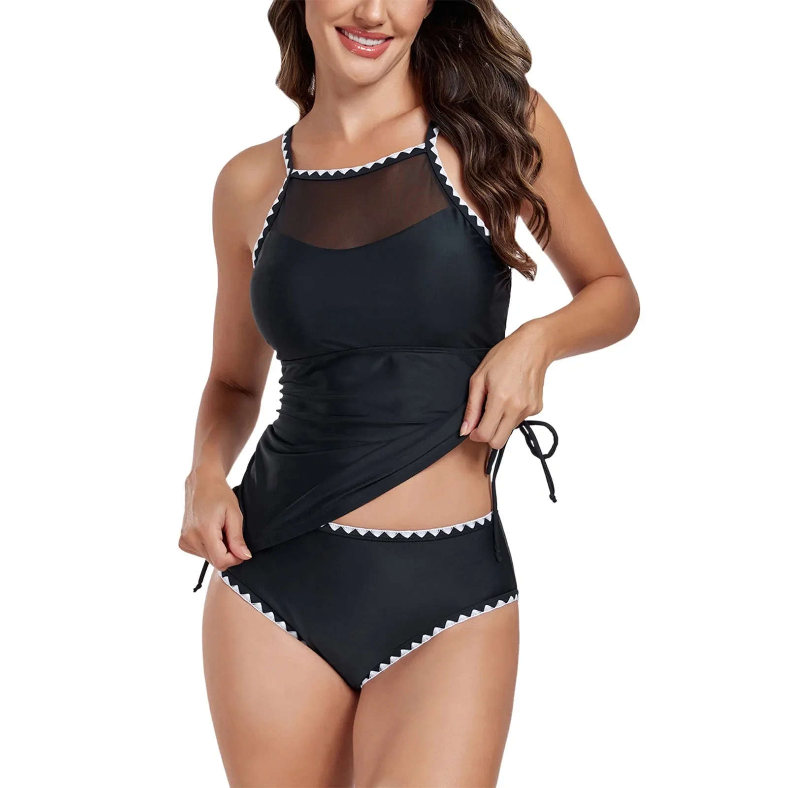 Conjunto de Tankini con ribete blanco para mujer, traje de baño con cuello redondo de 2 piezas, Bikini negro con Control de barriga, ropa de playa 2024