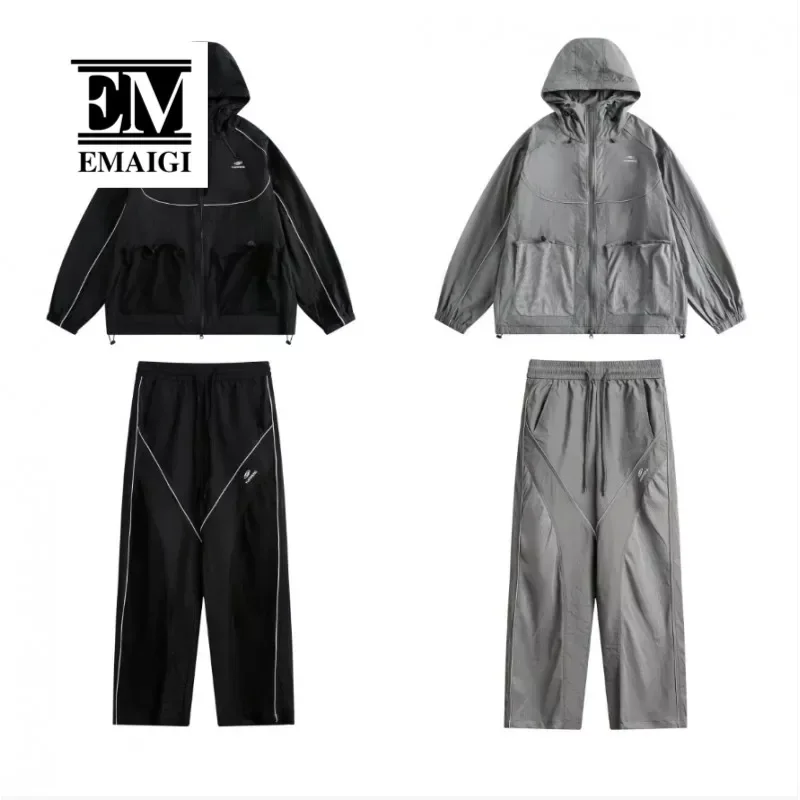 

Summer Men 2 Pieces Sets Splice Mesh Loose Casual Outdoor Quick Dry Sunscreen 50+ Hooded Jacket Pant Women Tracksuits