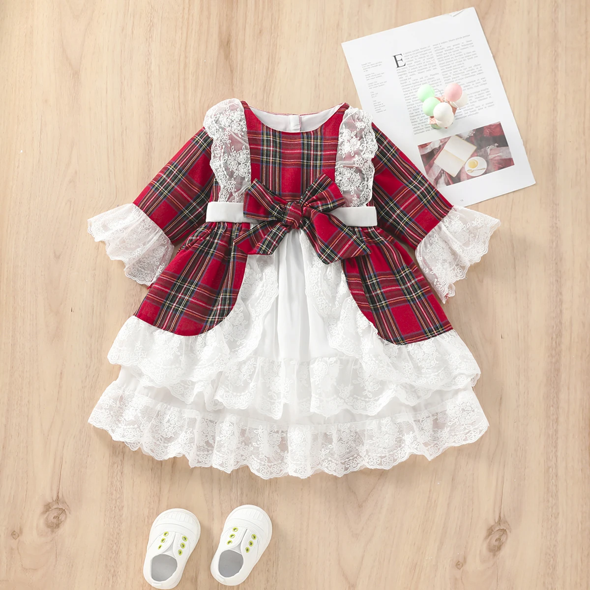 1-7Y Kids Baby Girls Christmas Red Dress Toddler Children Plaid Print Bow Lace Tutu Party Dresses New Year Xmas Costumes