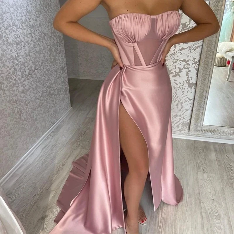 

Geometr Evening Dresses Sleeveless Sexy Side Slit Trumpet Ball Gowns Woman's Pleat Satin Formal Bride Party Vestidos De Noche