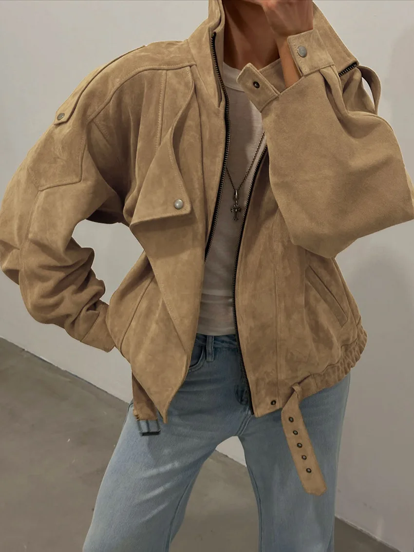 2025秋冬新作 欧風シープスキンレザージャケット - おしゃれなルーズシープスキンレザーレディースコート - ジッパー付き