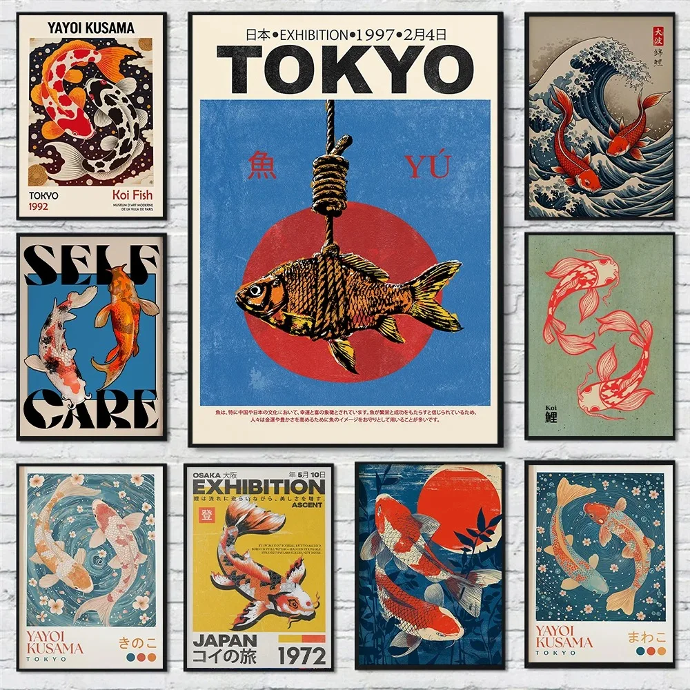 Koi Fish Poster Yayoi Kusama Inspired Koi Fish Wall Art Japanese Ascent Art Print Osaka Minimalist Wall Art Room Home Decor Gift