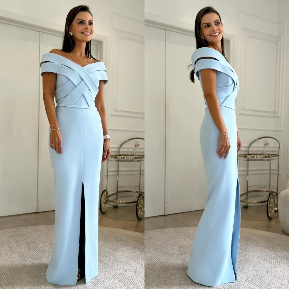 

Customized Modern Style Sizes Available Jersey Criss-Cross Pleat Straight Off-the-shoulder Long Dresses Bespoke Occasion Dresses