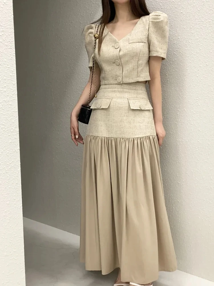 GALCAUR Elegant Two Piece Set For Women V Neck Puff Sleeve Tops High Waist Patchwork Mermaid Folds Skirts Solid Sets Female New