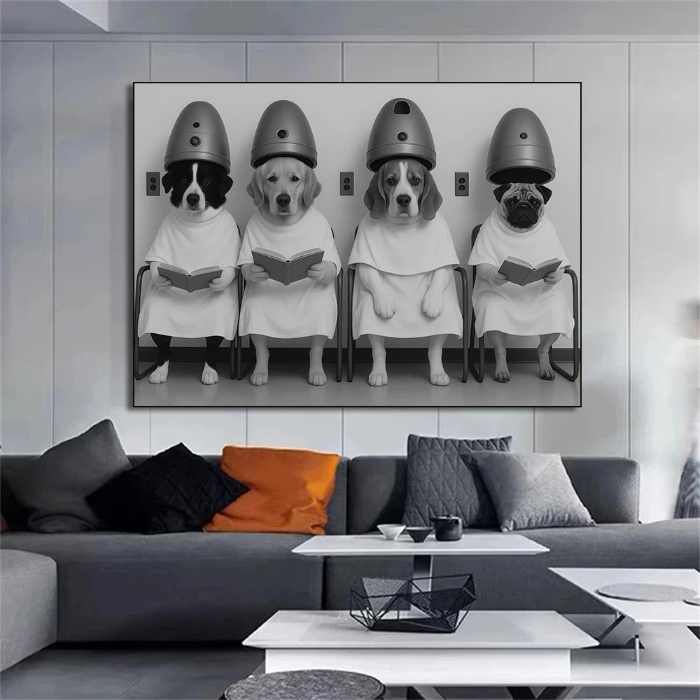 Woman with Poodle Beauty Salon Haircut Poster Wall Art Vintage Funny Black & White Canvas Painting Print Hair Salon Home Decor