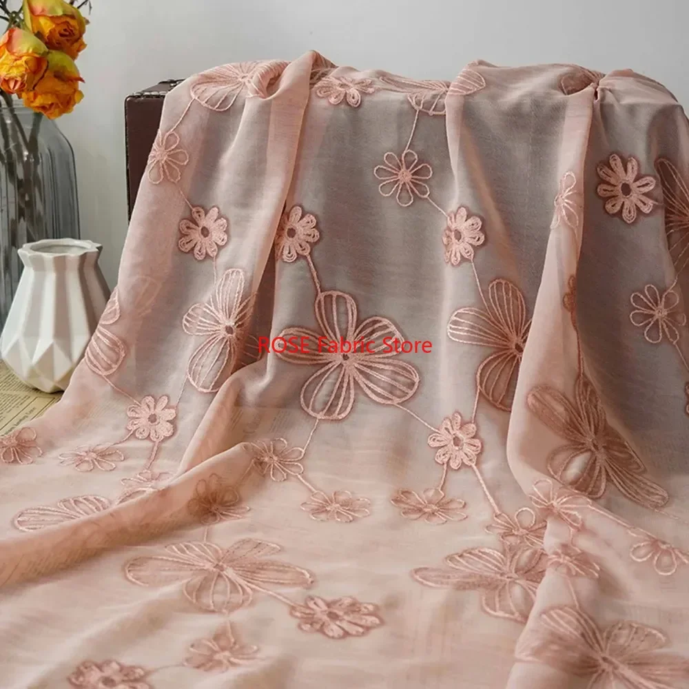 

Flower embroidery Green Beige Chiffon Fabric Floral tulle For Wedding dress, Party dress, Summer Dress, Shirts,Costume Design