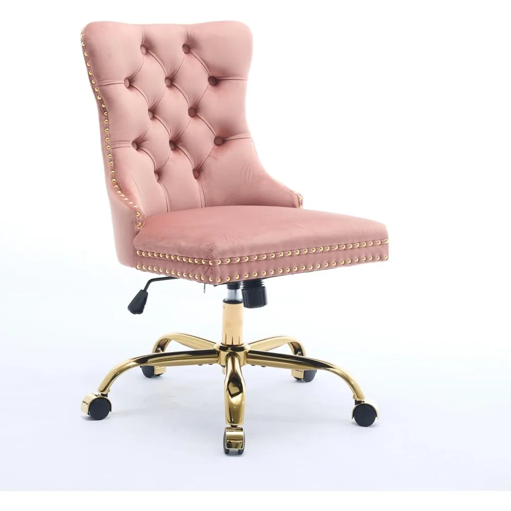 LKTART Office Chair Velvet Upholstered Tufted Button Chair with Golden Metal Base Adjustable Desk Chair Swivel Office Chair for