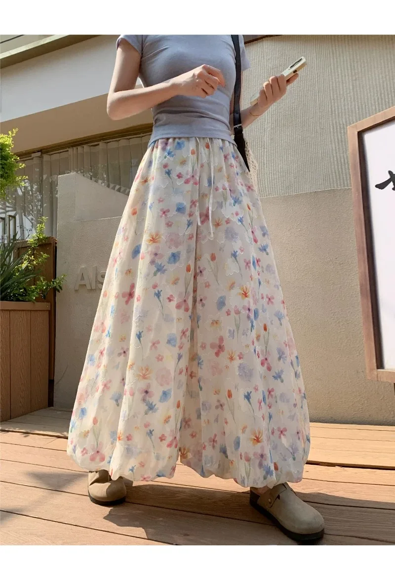 Damen Capri-Hose mit hoher Taille, pastoralen Blumenmustern, aus Eisseide, weitem Bein, im lässigen Stil, neunlängenlang – Detail 13