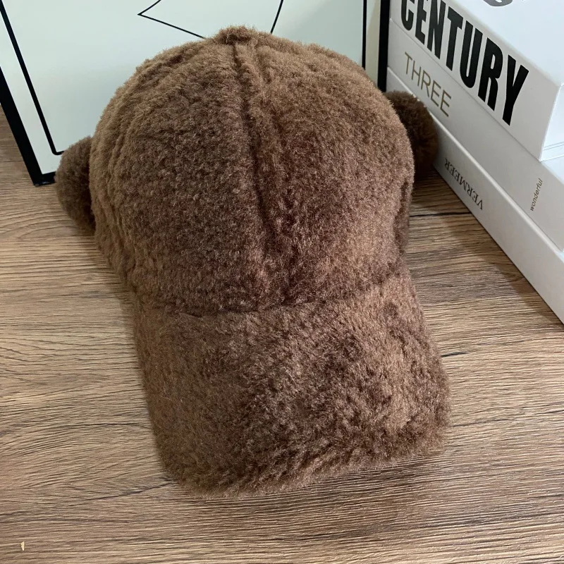 

autumn winter baseball cap for women cute hats with pompoms plush faux shearling solid color