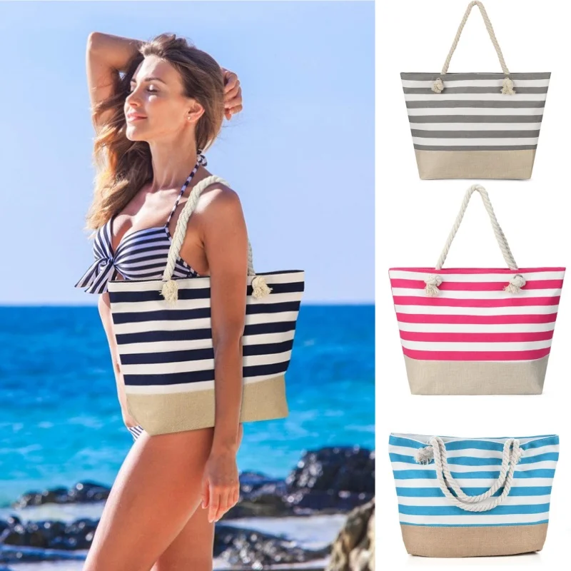 

2025 New Casual Striped Canvas Bag For Women Large Capacity Shoulder Shopping Totes Student Bookbag Beach School Travel