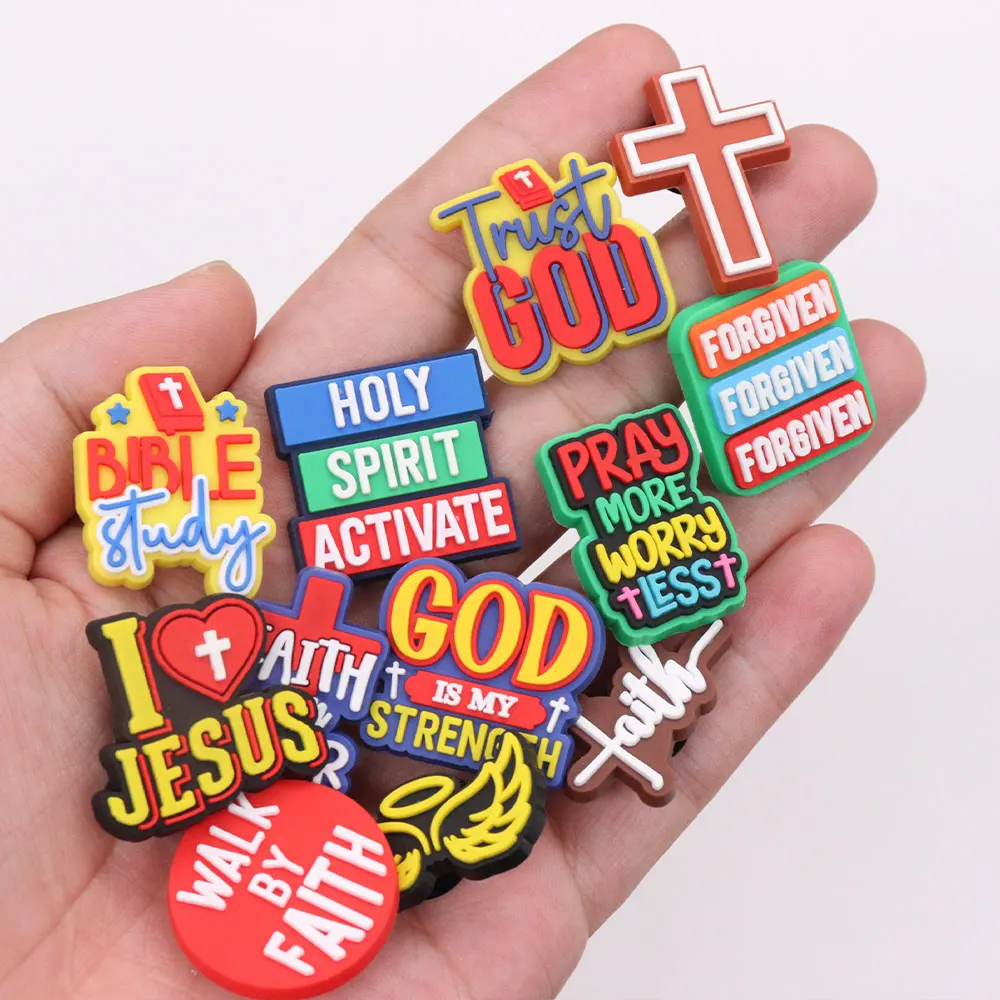 1-12Pcs Bible Study God is My Strength DIY Believer Charms Decorations Faith Shoe Buckle Accessories Party Gifts