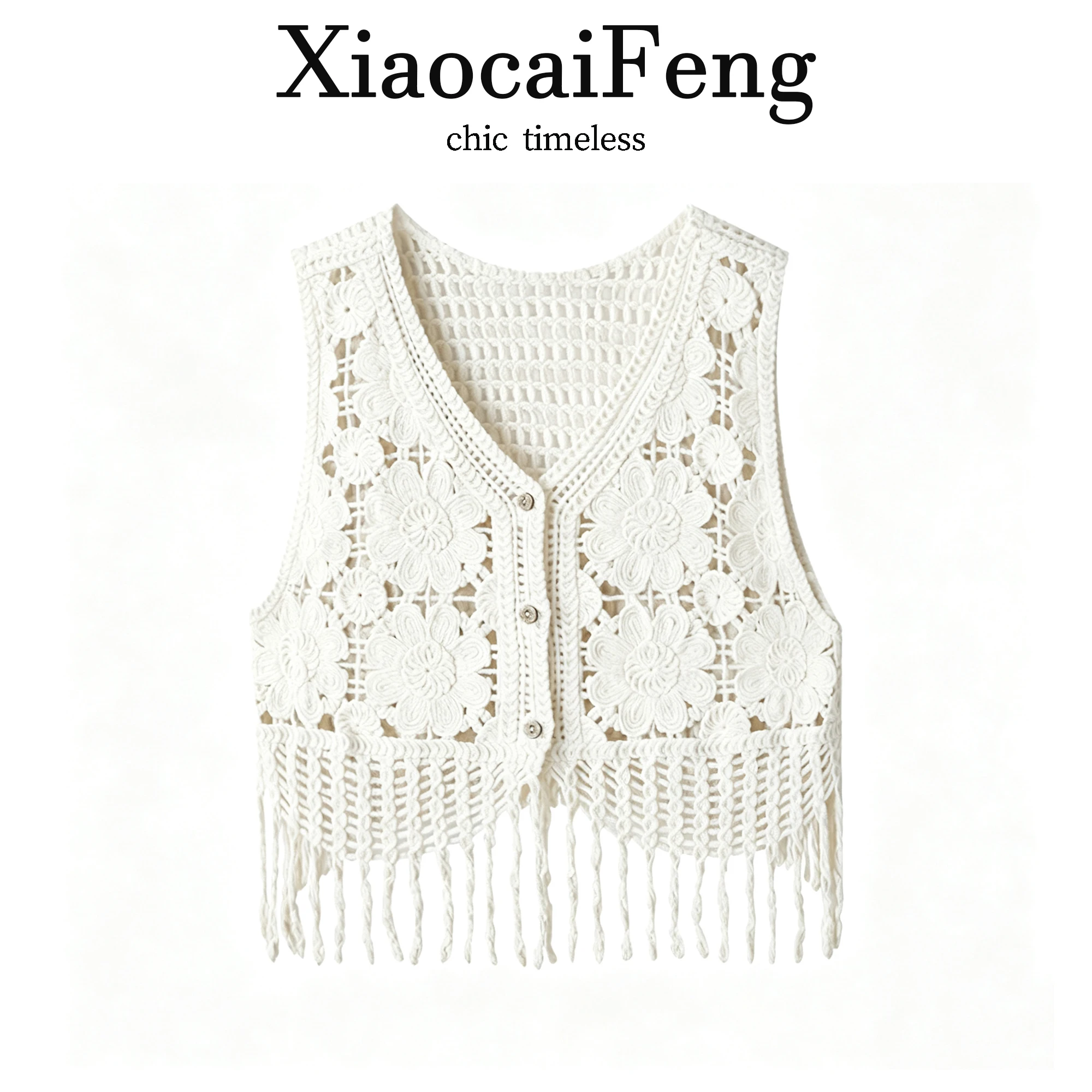 Bohemian Lace Knitted Open Cardigan Sleeveless Vest Women's Outerwear Small Strap V-neck Hollow out Hook Flower Design