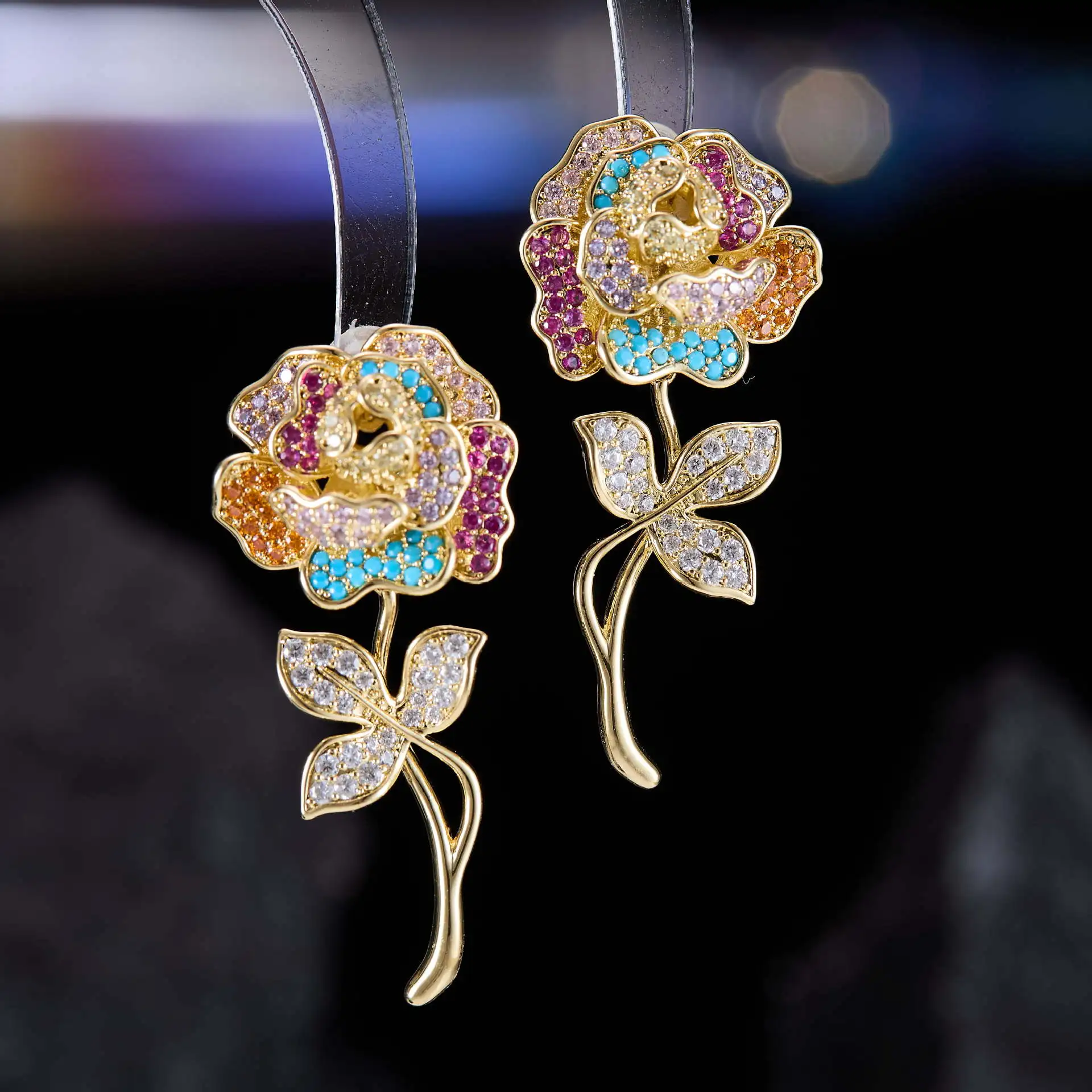 High-end Micro-inlaid Zircon Three-dimensional Flower Earrings for Women Colorful Long Earrings Luxury Elegant Accessories