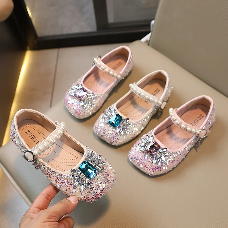 

Soft Children Fashion Girls Sequined Rhinestones Elegant Korean Style New 2023 Spring Pearls PU Princess Shoes for Party Wedding