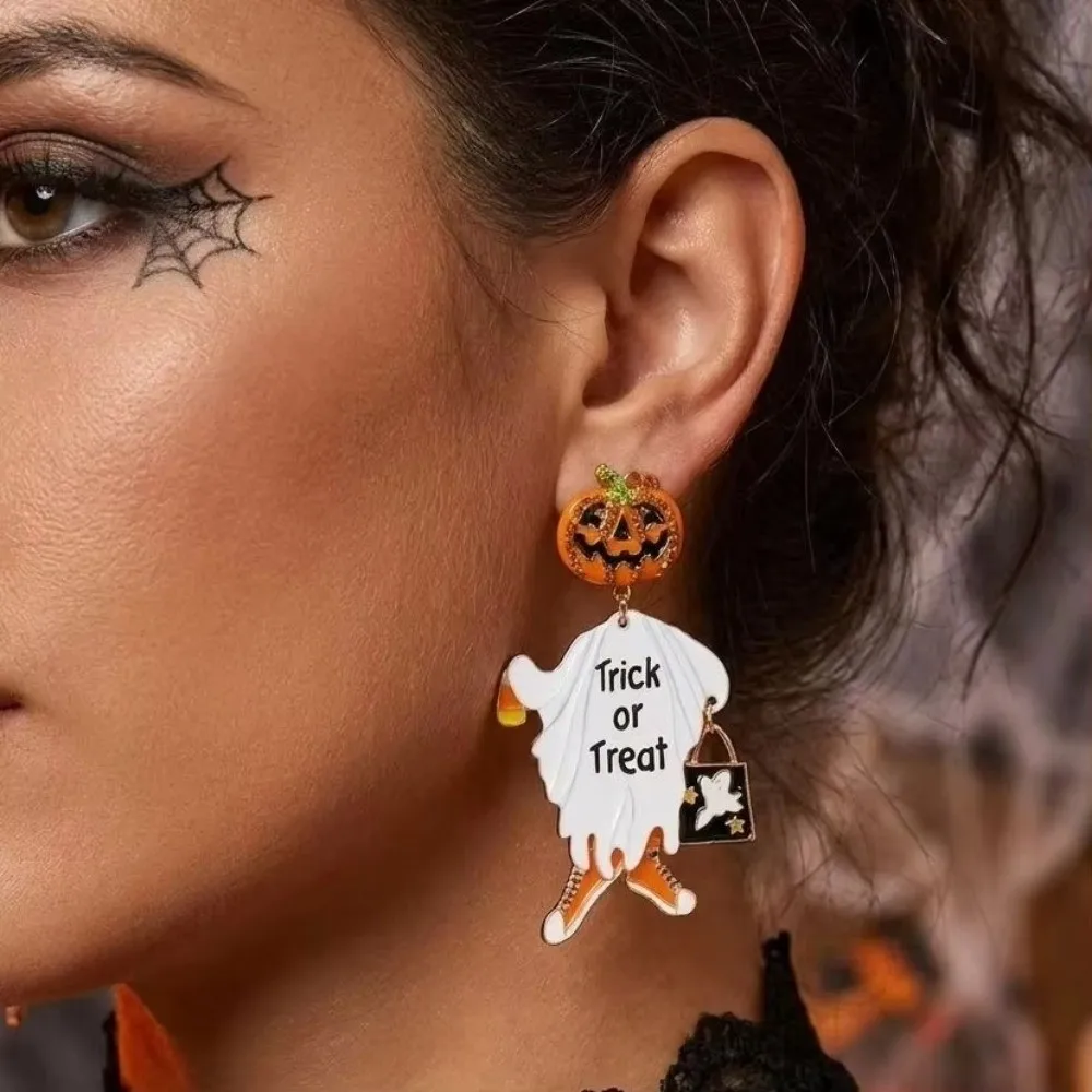 Creative Alloy Material Halloween Earrings Long Tassel Design Dripping Oil Effect Pumpkin Earrings Ghost Earrings Festival Wear