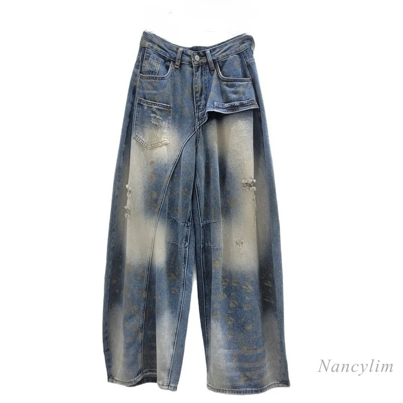 

2026 New Sense of Design Scimitar Ripped Jeans, Women's Distressed American Style Super Good-looking Patchwork Wide Legs Pants