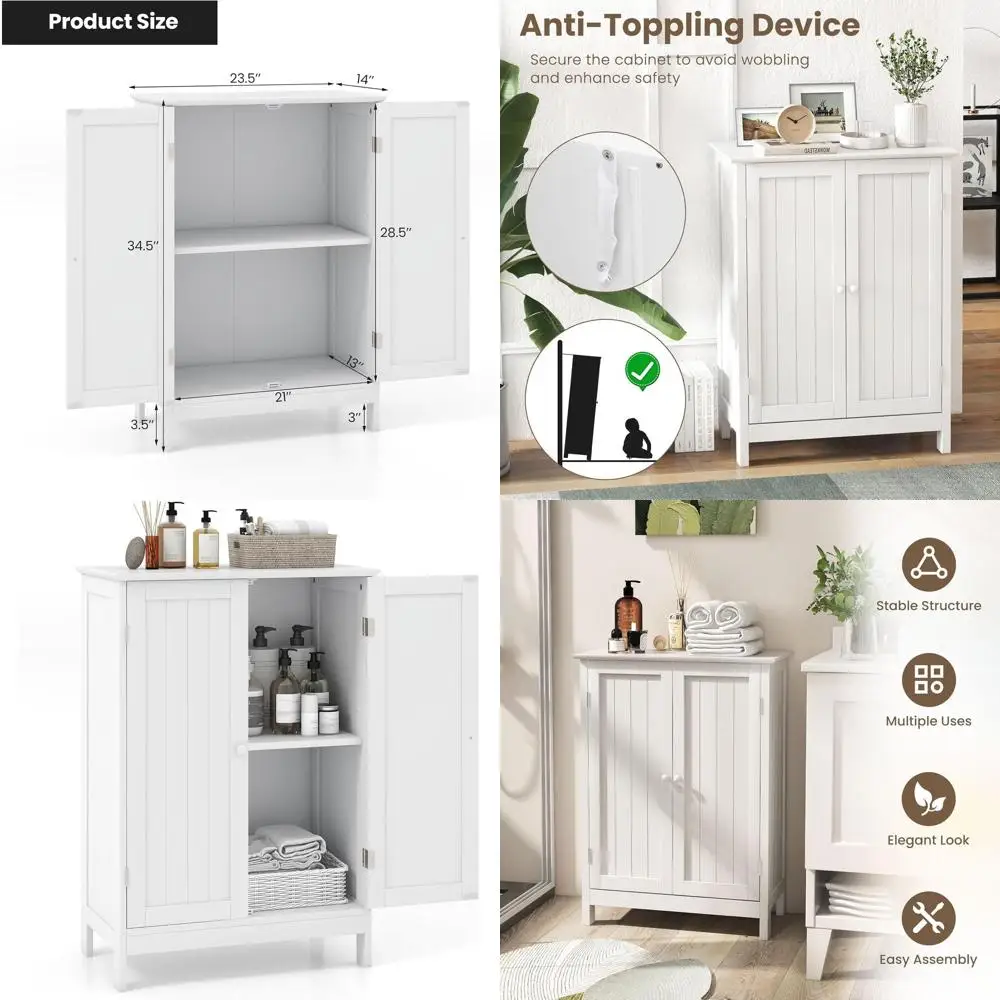 

Modern White Freestanding Bathroom Cabinet with Double Doors and Adjustable Shelf for Storage in Home