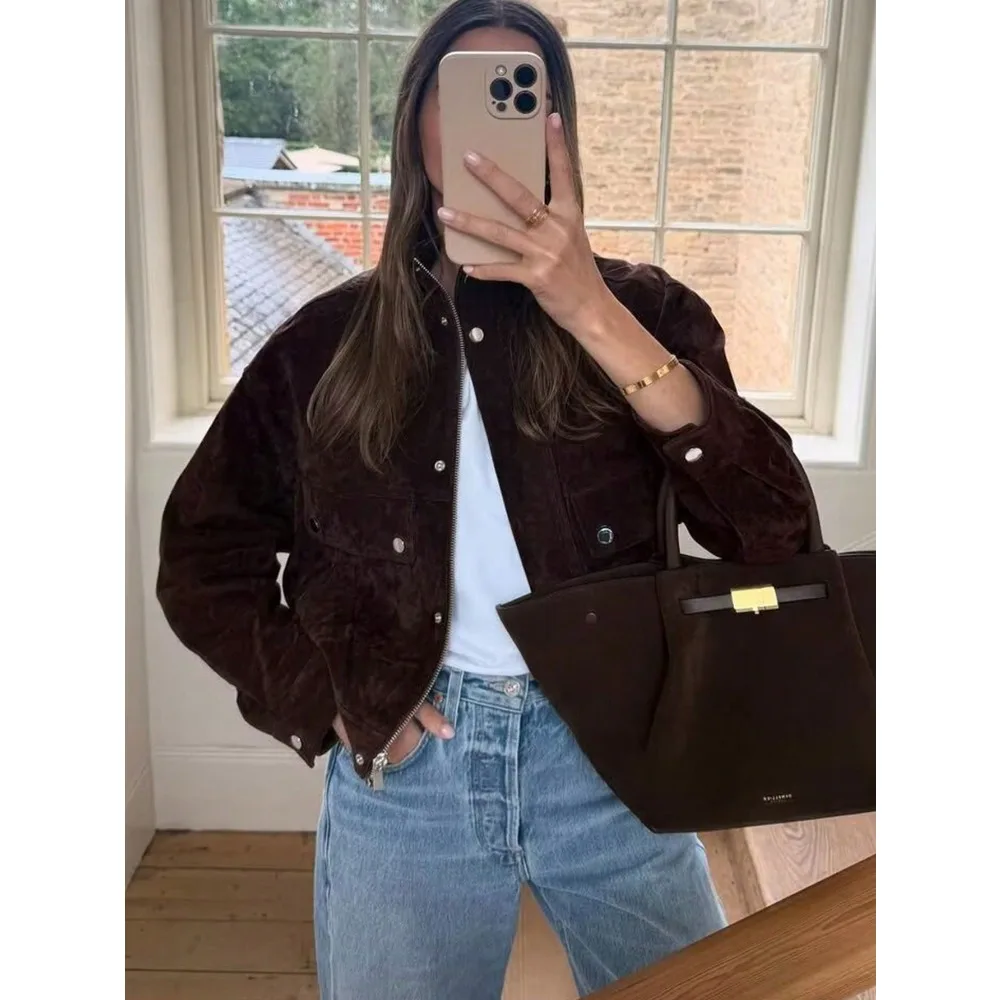 Women's Autumn New Stand-up Collar Long-sleeved Pockets with Anti-velvet Leather Aviator Tooling The TextureUnique Fashionable