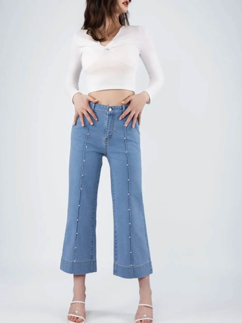 Pearl Decorated Women's Cropped Pants Light Blue Denim Pants Retro High Elastic Spice Girls Trousers Casual Style Pants