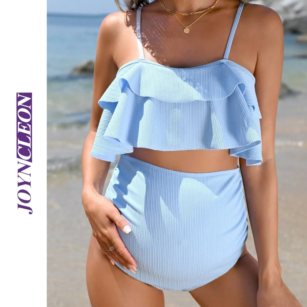 Joyncleon Conjunto de bikini de cintura alta para mujeres embarazadas, traje de baño con protección del vientre con volantes y plisados a rayas para nadar en el mar