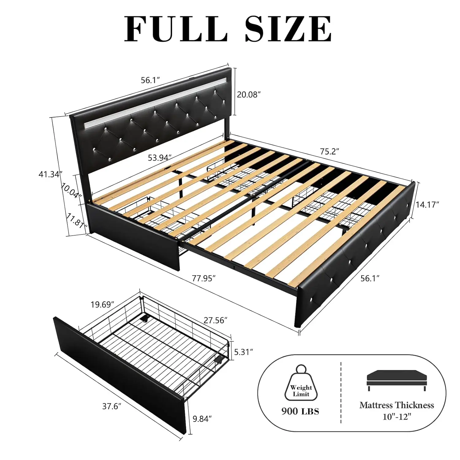 #￥Full Storage Bed Frame LED Light 2 Socket USB Port Adjustable PU Headboard Slats No Box Spring Black, Customized